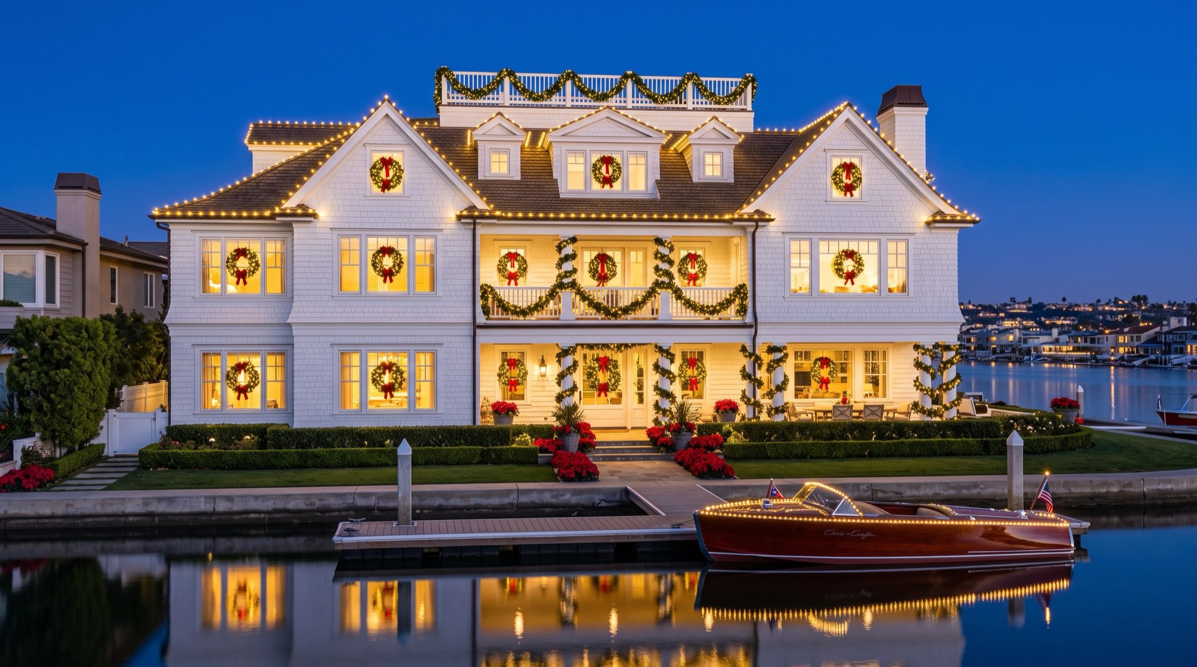 A waterfront Newport Beach estate outlined in warm white Christmas lights, wreaths on every window, at twilight